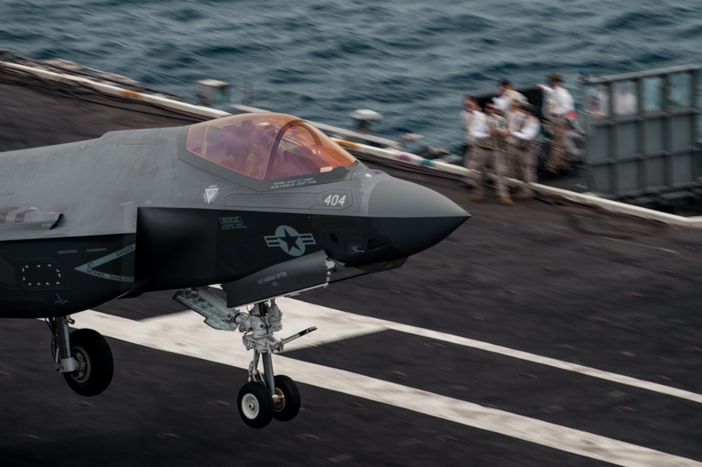 An F-35C recovers on the flight deck of USS Carl Vinson (CVN 70)