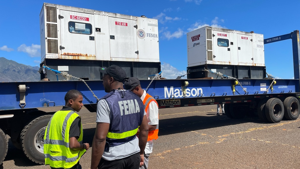 The First of 32 Generators Arrive at the FEMA Staging Area in Maui