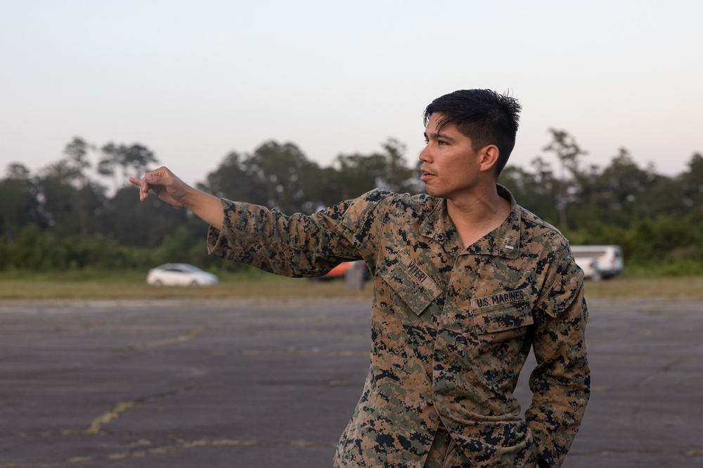 Marines with Marine Heavy Helicopter Squadron (HMH) 461 arrive at Marine Corps Outlying Landing Field Oak Grove