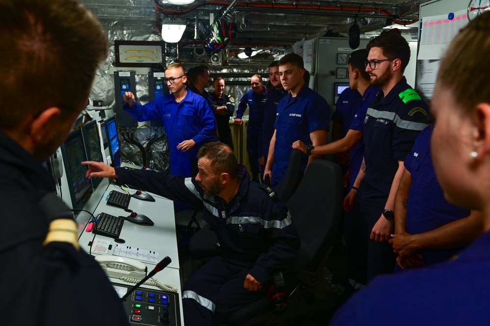 U.S. Coast Guard Cutter Forward (WMEC 911) and French navy vessel BSAM Garonne crews conduct cross-deck tours