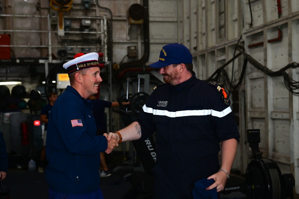 U.S. Coast Guard Cutter Forward (WMEC 911) and French navy vessel BSAM Garonne crews conduct cross-deck tours