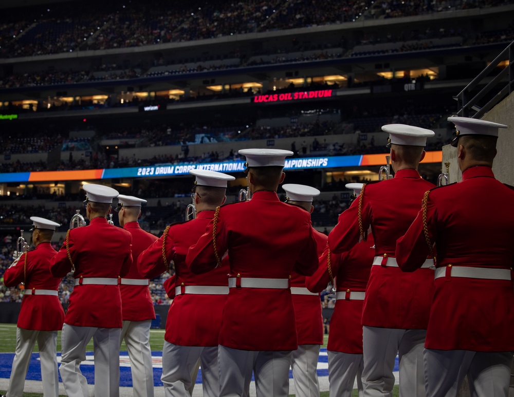 Marines with “The Commandant’s Own,” U.S. Marine Drum and Bugle Corps, perform for 22,000 plus guests at the Drum Corps International in Indianpolis.