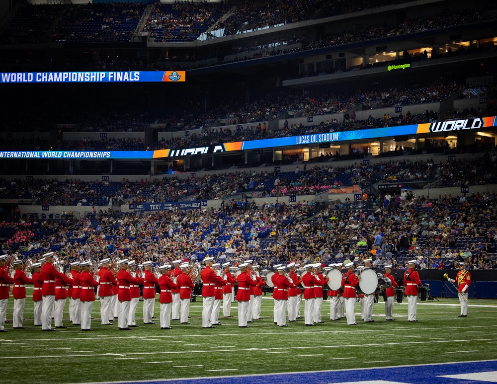 Marines with “The Commandant’s Own,” U.S. Marine Drum and Bugle Corps, perform for 22,000 plus guests at the Drum Corps International in Indianpolis.