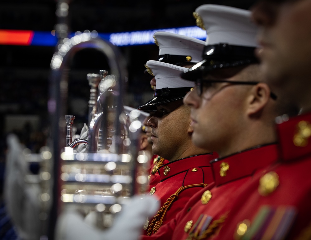 Marines with “The Commandant’s Own,” U.S. Marine Drum and Bugle Corps, perform for 22,000 plus guests at the Drum Corps International in Indianpolis.