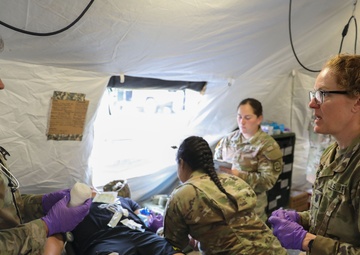 The 294th Medical Company Area Support (MCAS), Iowa National Guard, simulate a Role II facility during Northern Strike 2023