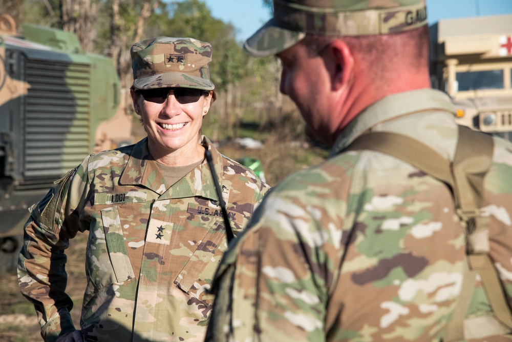 The commander of the 18th Medical Command visits soldiers in the field during Talisman Sabre 2023