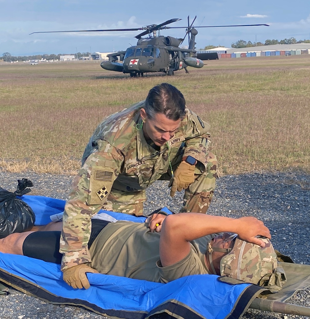 Soldiers of the 144th Area Support Medical Company conduct a Medical Evacuation of a soldier injured during Talisman Sabre 2023