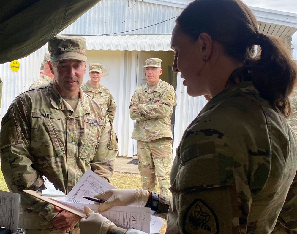 Command team from the 97th Troop Command, Utah National Guard, review training of the 144th Area Support Medical Company, during Talisman Sabre 2023