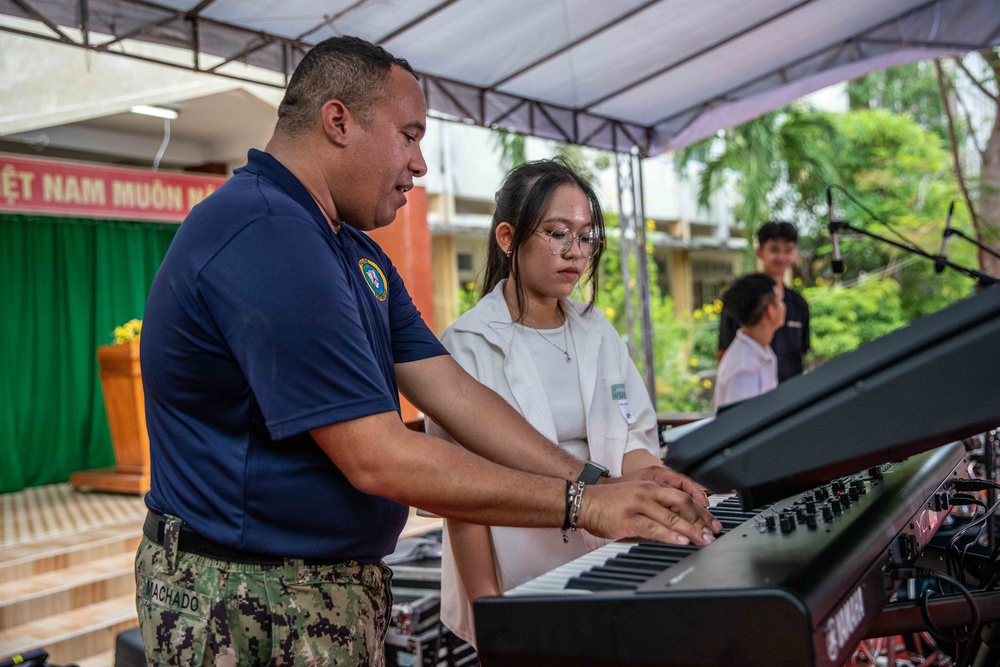 Pacific Partnership 2023 band perform a concert at Luong Van Chanh High School