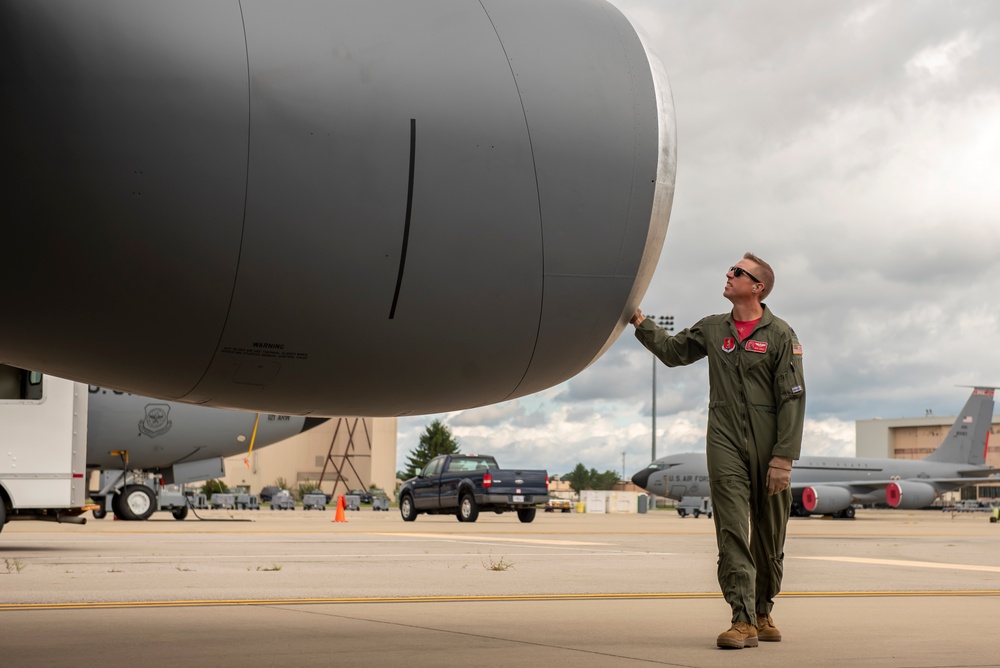 121st pilot performs preflight on KC-135