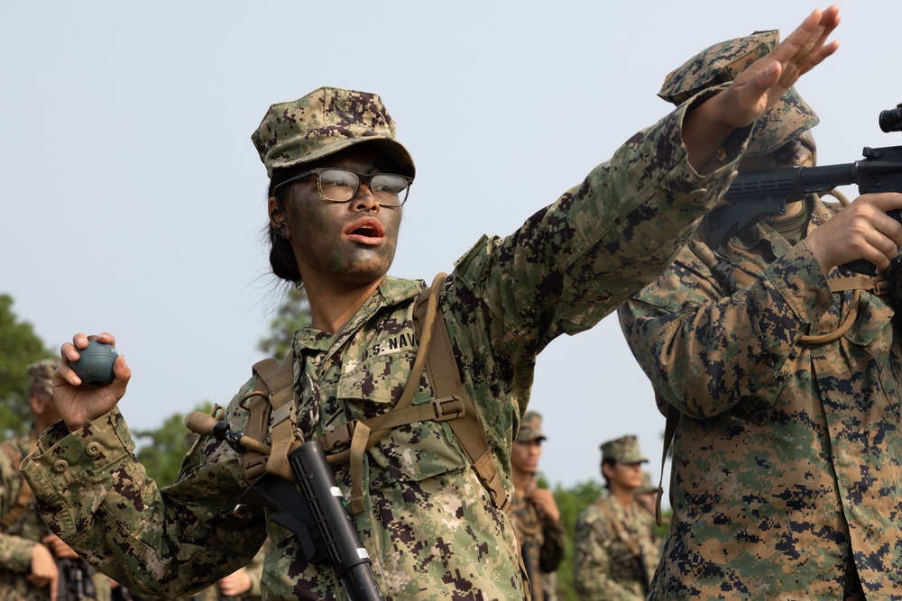 Midshipmen conduct battle drills and patrols with land navigation during CORTRAMID