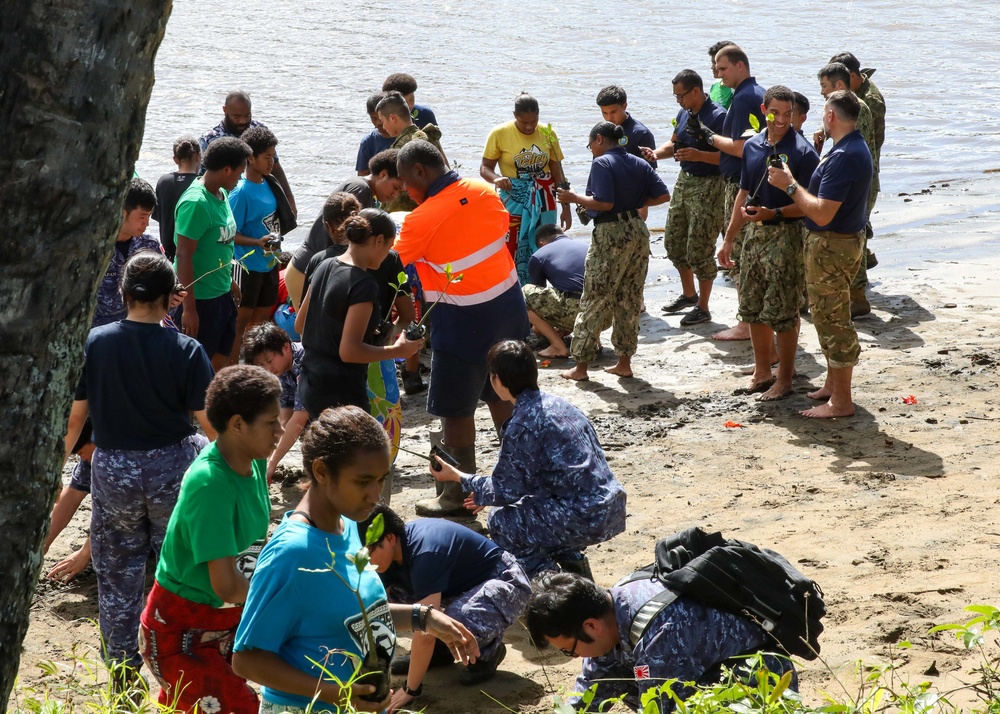 Sailors, Soldiers and Navy Partners participate in a Mangrove Revitalization Project in Fiji during Pacific Partnership 2023