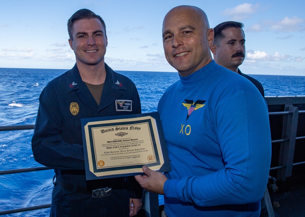 First Carl Vinson Sailors Receive Navy Security Force Specialist Qualifications