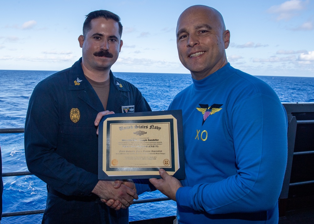 First Carl Vinson Sailors Receive Navy Security Force Specialist Qualifications