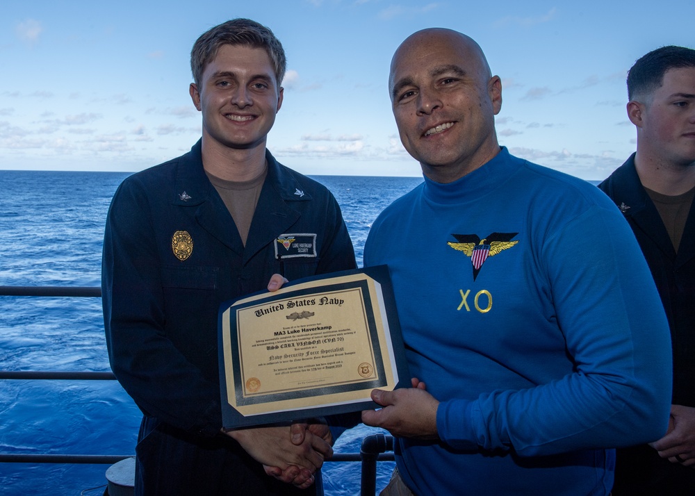 First Carl Vinson Sailors Receive Navy Security Force Specialist Qualifications