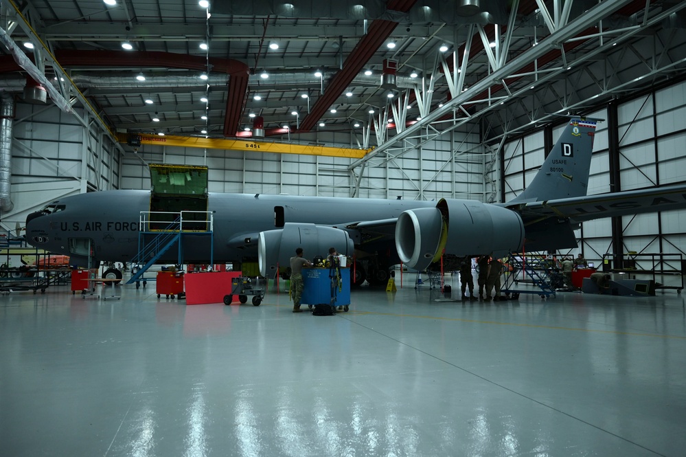 RAF Mildenhall Airmen make repairs on KC-135 Stratotanker aircraft during an isochronal inspection
