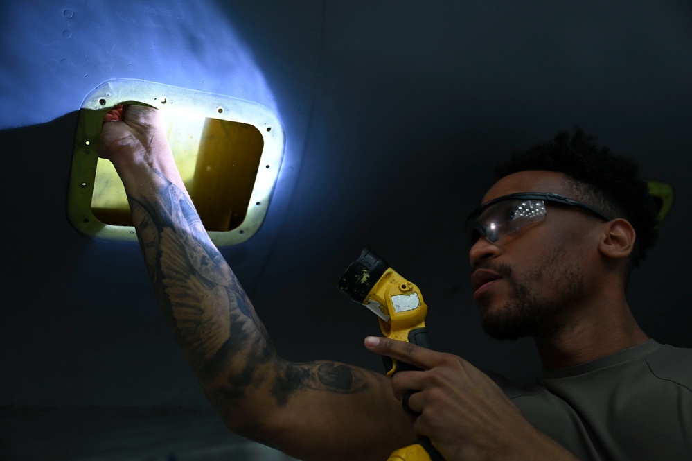 RAF Mildenhall Airmen make repairs on KC-135 Stratotanker aircraft during an isochronal inspection