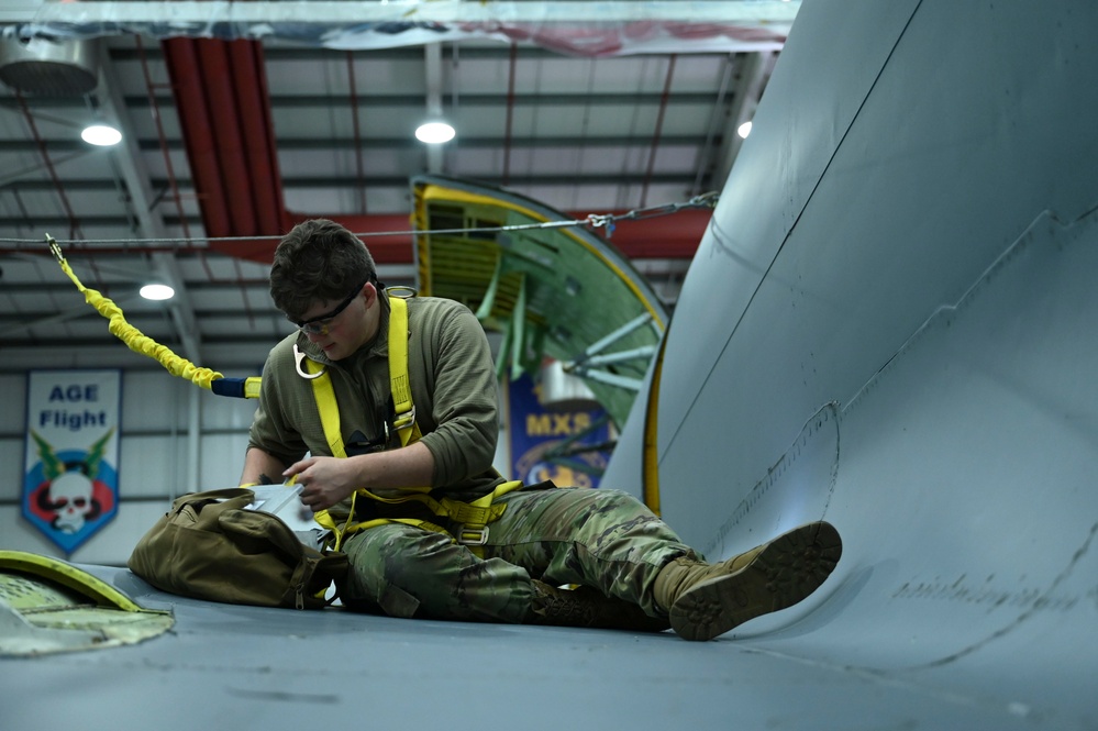 RAF Mildenhall Airmen make repairs on KC-135 Stratotanker aircraft during an isochronal inspection