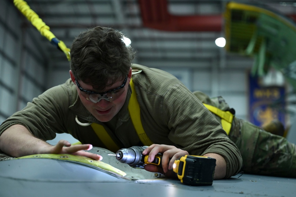 RAF Mildenhall Airmen make repairs on KC-135 Stratotanker aircraft during an isochronal inspection