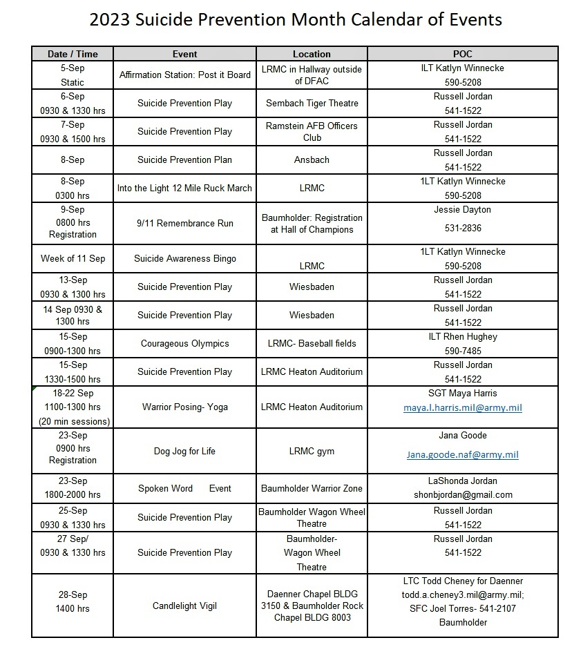 Suicide Prevention Month Calendar of Activities