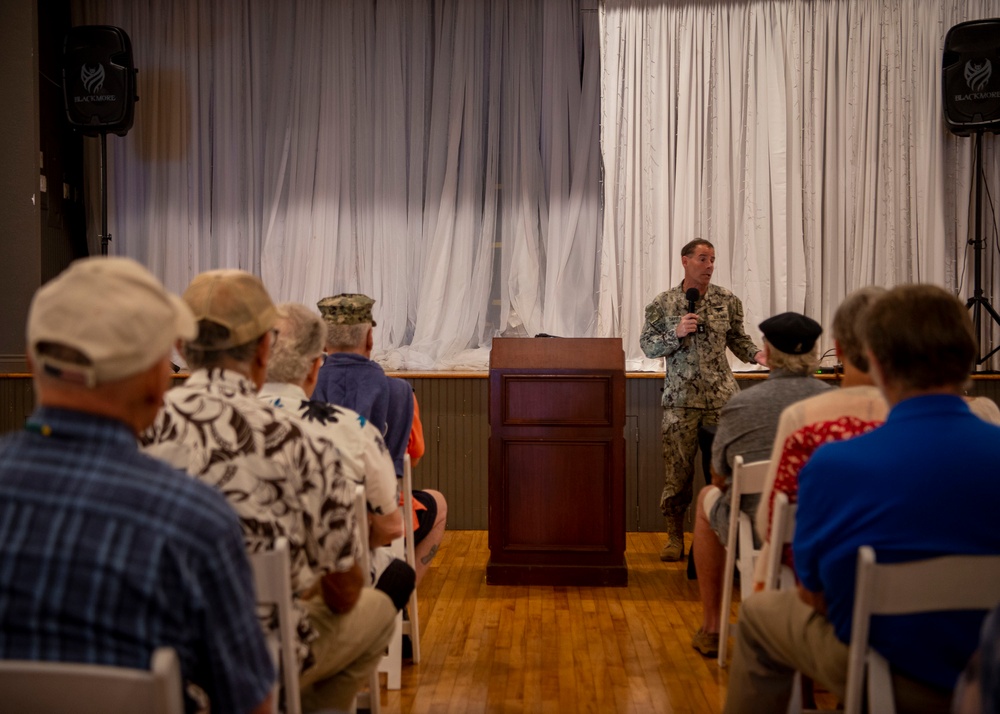 Rear Adm. Keith Davids, commander, Naval Special Warfare Command, speaks to members of the Navy SEAL-UDT Association