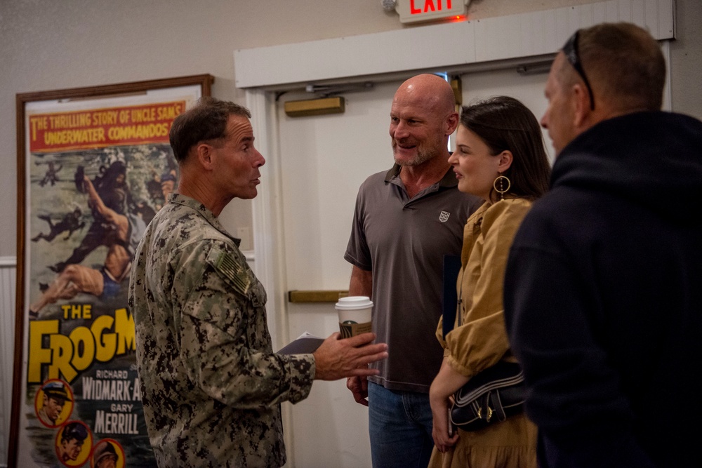 Rear Adm. Keith Davids, commander, Naval Special Warfare Command, speaks to members of the Navy SEAL-UDT Association