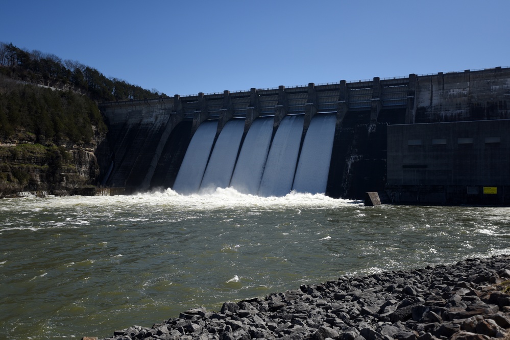 Center Hill Dam spils from five of eight gates