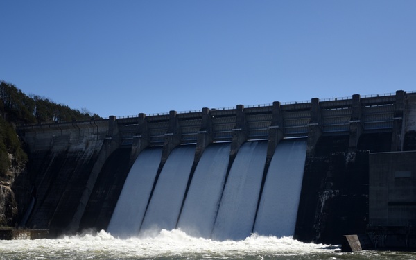 Center Hill Dam spils from five of eight gates