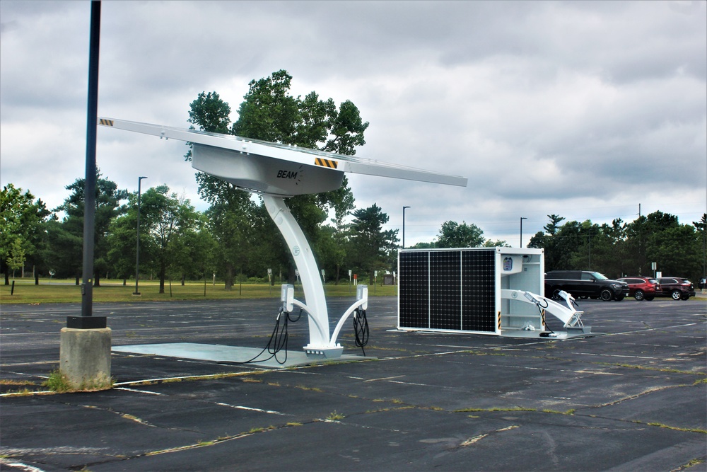 Solar-powered car electric car chargers at Fort McCoy