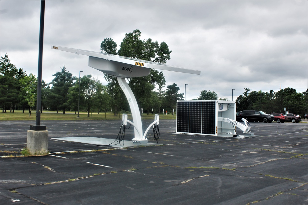 Solar-powered car electric car chargers at Fort McCoy