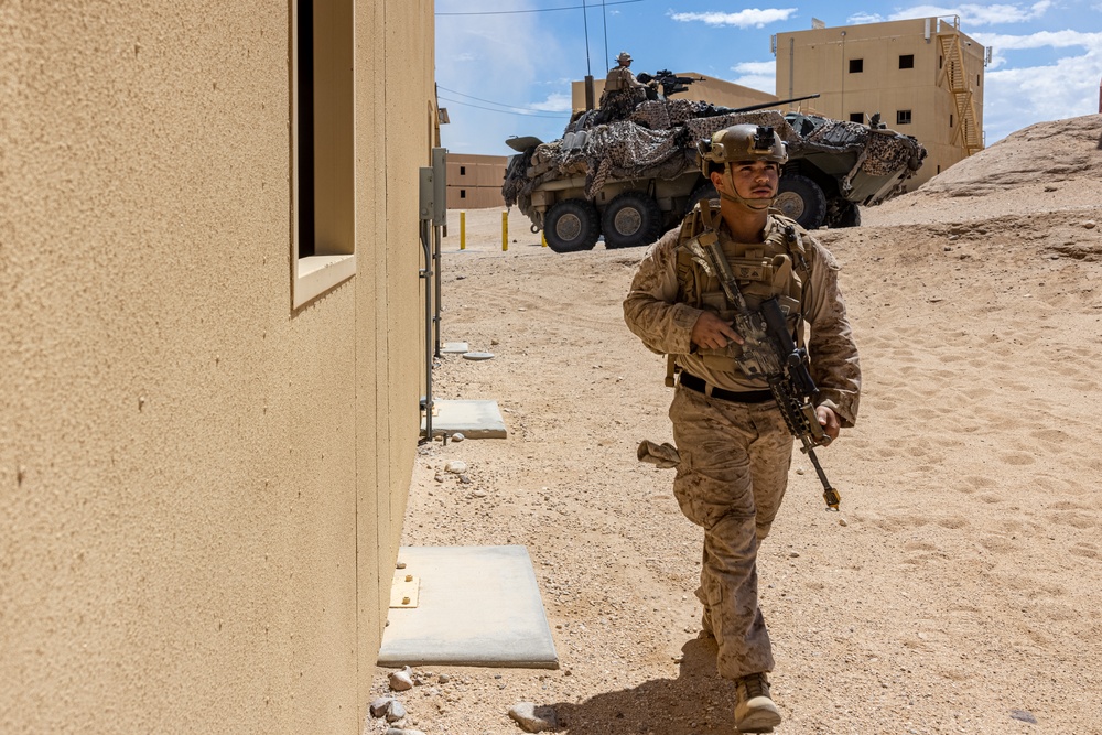 Marines with 3/7, 1st Combat Engineer Battalion defend an urban environment during AFX 5-23