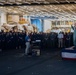 USS Ronald Reagan (CVN 76) holds an all-hands call