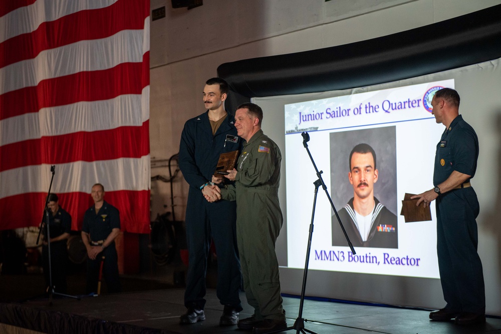 USS Ronald Reagan (CVN 76) holds an all-hands call
