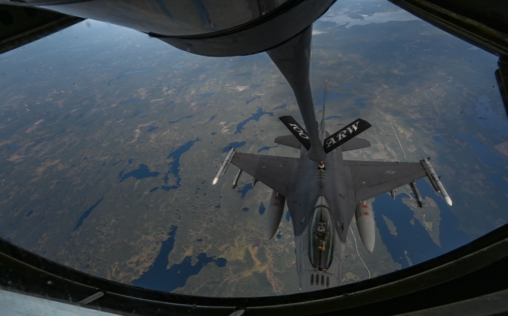 A U.S. F-16 and Finnish F-18 fly into a gas station…
