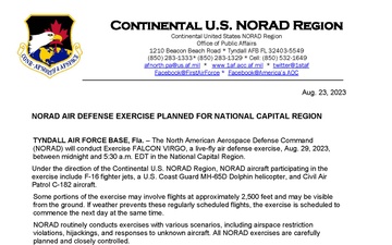 NORAD AIR DEFENSE EXERCISE PLANNED FOR NATIONAL CAPITAL REGION