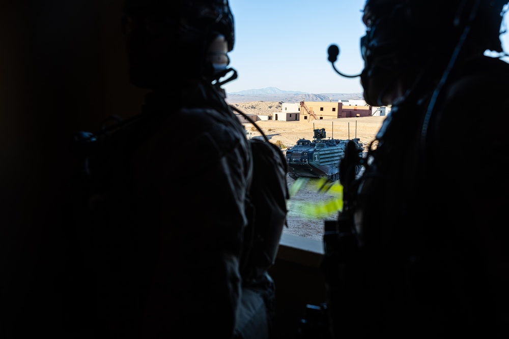 Marines with 3/7, 3rd AAB, 1st CEB conduct a mechanized assault on an urban environment during AFX 5-23