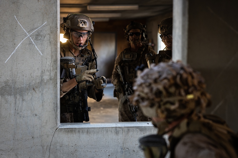 Marines with 3/7, 3rd AAB, 1st CEB conduct a mechanized assault on an urban environment during AFX 5-23