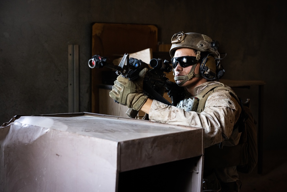 Marines with 3/7, 3rd AAB, 1st CEB conduct a mechanized assault on an urban environment during AFX 5-23