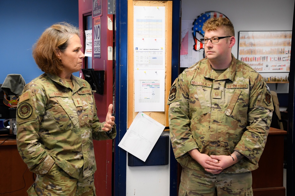 Maj. Gen. Laurie M. Farris visits the farthest-north KC-135 refueling unit, 168th Wing