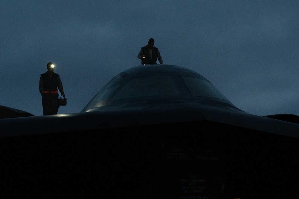 B-2 Spirit stealth bomber night time maintenance in Iceland