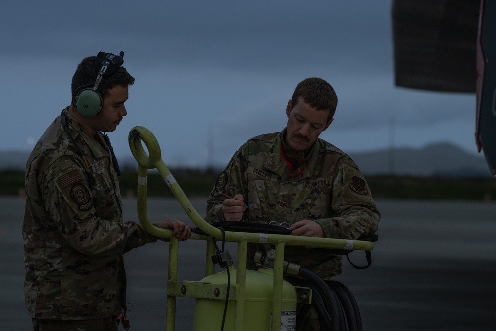 B-2 Spirit stealth bomber night time maintenance in Iceland