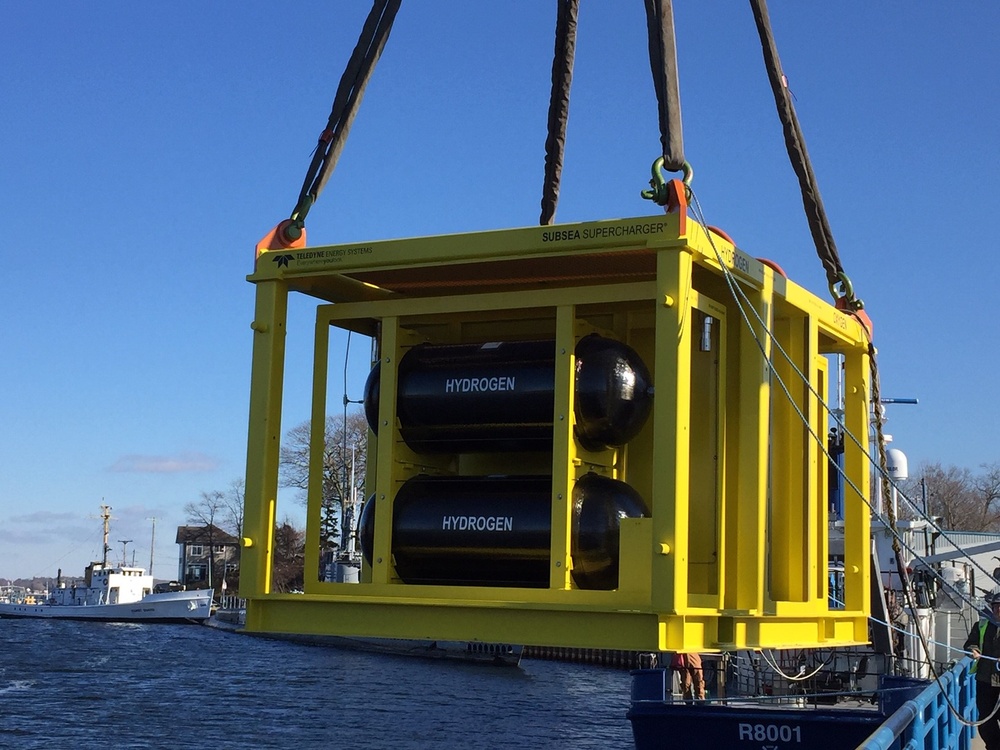 Teledyne’s underwater fuel cell system is hoisted over the side