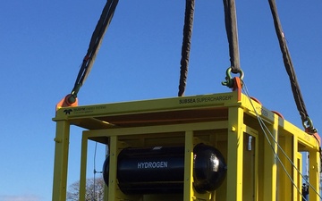 Teledyne’s underwater fuel cell system is hoisted over the side