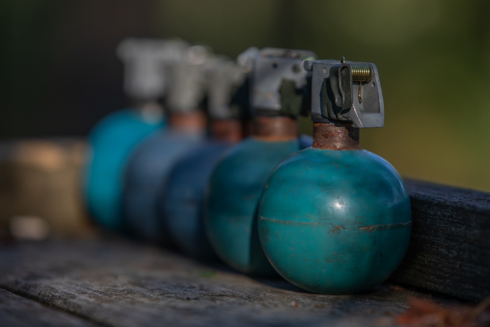 A row of M67 training grenades sit on a table