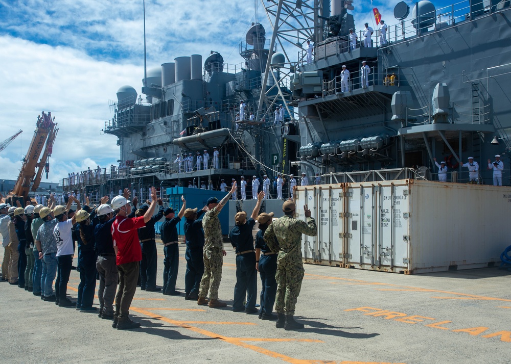 USS Shiloh departs Yokosuka, Japan after 17 years of forward-deployed service