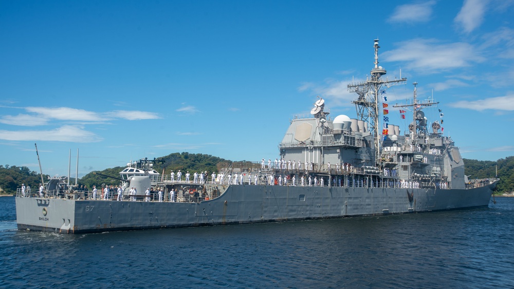 USS Shiloh departs Yokosuka, Japan after 17 years of forward-deployed service