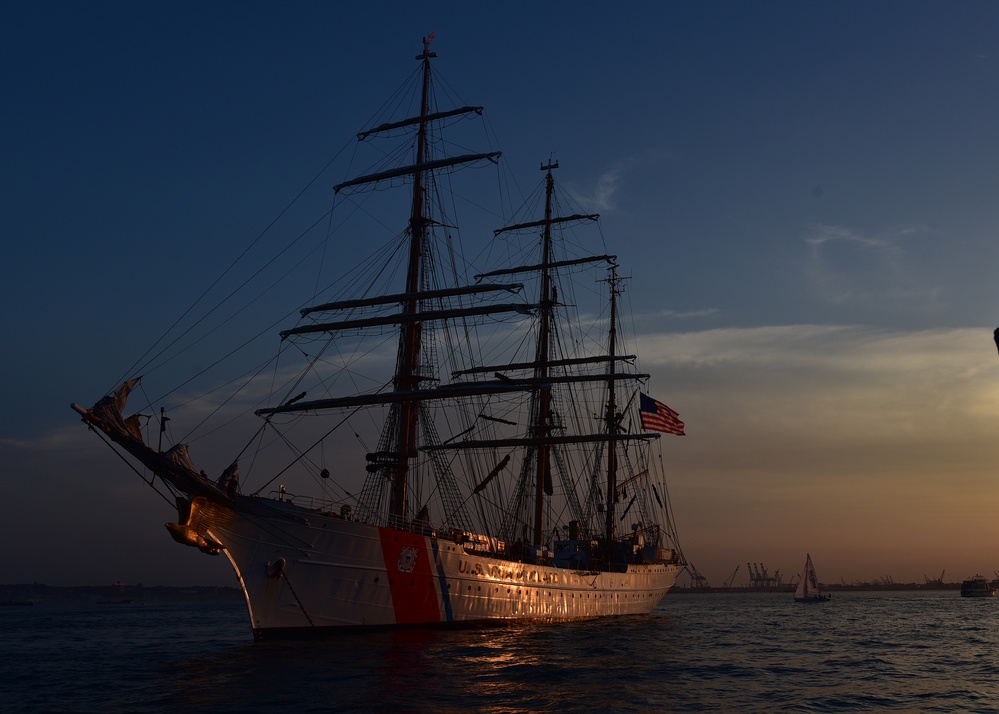 Returning from four-month training deployment in Europe, Coast Guard Cutter Eagle anchors in New York Harbor