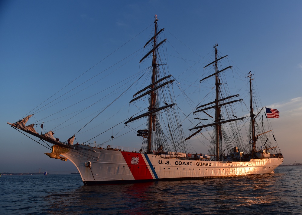 Returning from four-month training deployment in Europe, Coast Guard Cutter Eagle anchors in New York Harbor