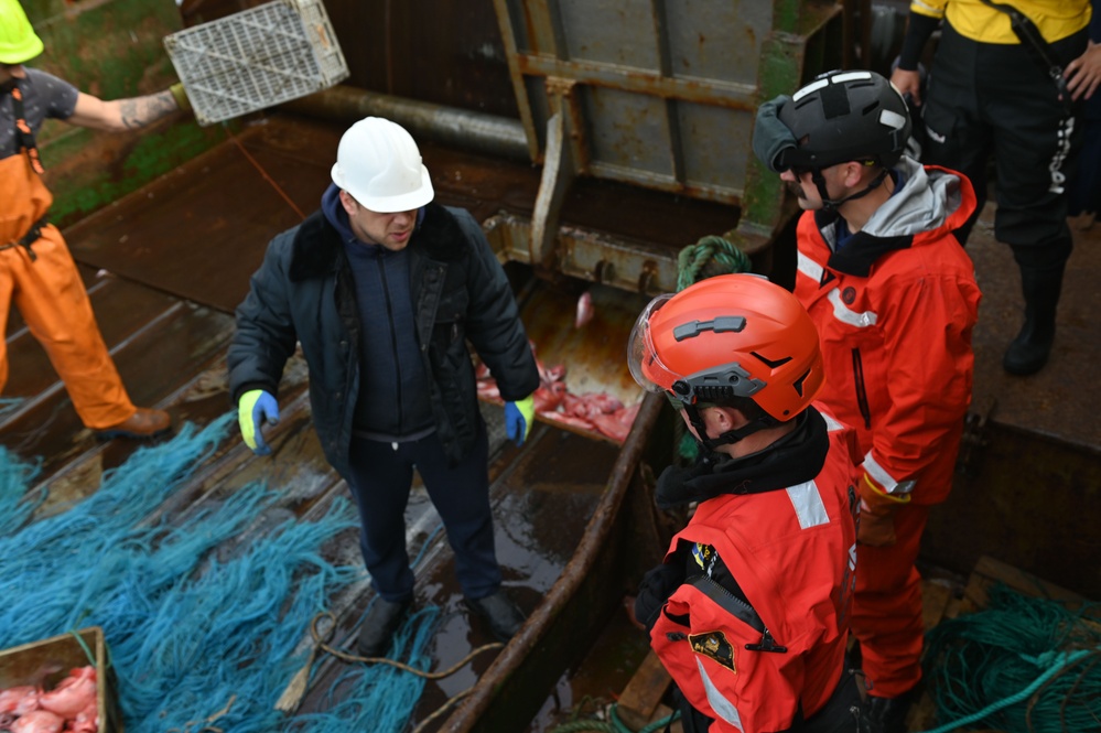 U.S. Coast Guard Cutter Forward crew members participate in Northwest Atlantic Fisheries Organization-led inspection at sea in the Atlantic Ocean