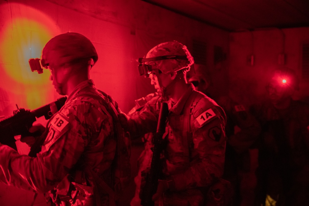 U.S. Army Reserve Best Squad competitors clear a room in the dark